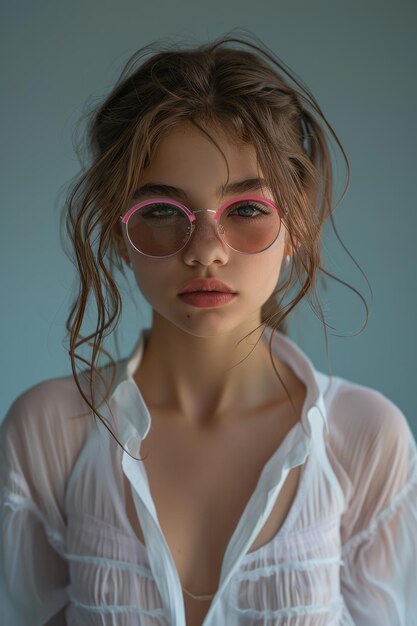 Mujer con gafas de sol rosas y camisa blanca