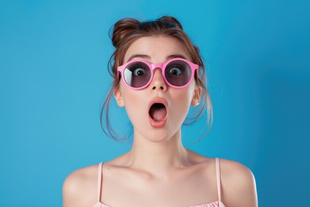 Foto una mujer con gafas de sol rosas que se ve sorprendida adecuada para conceptos de moda o estilo de vida