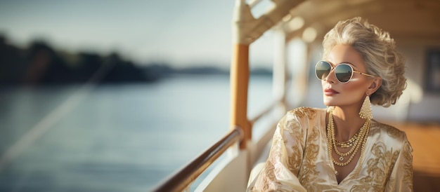 Foto mujer con gafas de sol sentada en la cubierta de un yate