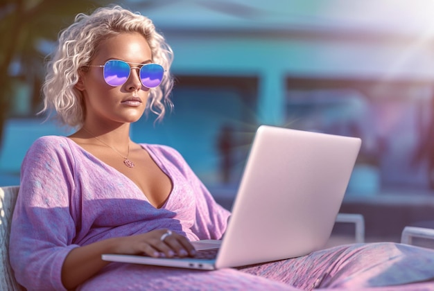 una mujer con gafas de sol se sienta frente a una computadora portátil