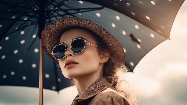 Una mujer con gafas de sol y un sombrero se para debajo de un paraguas.