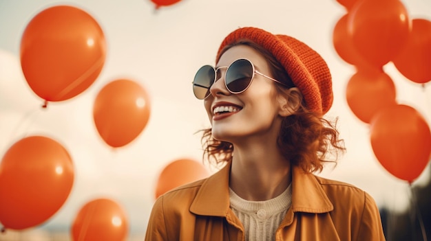 Una mujer con gafas de sol y un sombrero se para frente a los globos.