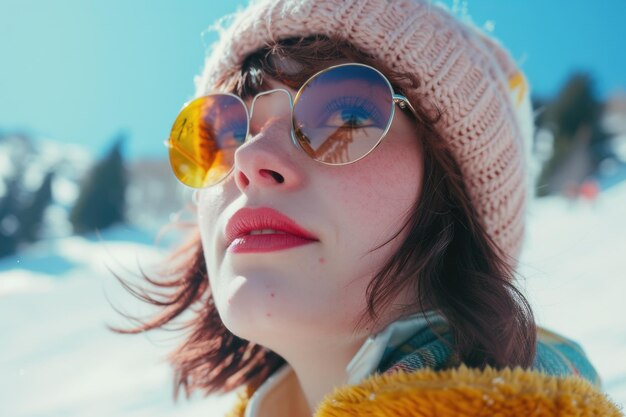 Foto una mujer con gafas de sol y un sombrero en la nieve perfecto para la moda de invierno o actividades al aire libre