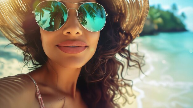 Una mujer con gafas de sol y un sombrero de paja en la playa