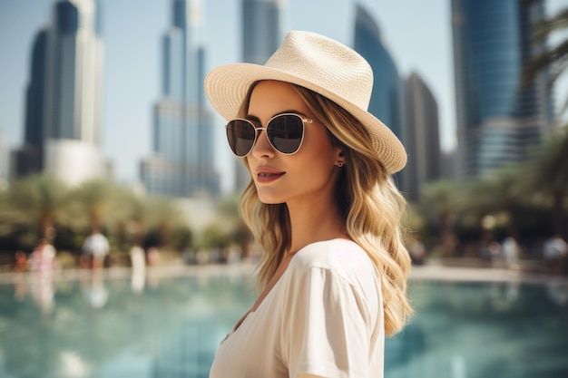 Mujer con gafas de sol y sombrero de pie frente a la piscina