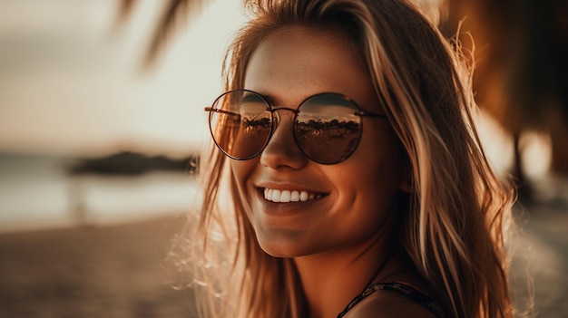 Una mujer con gafas de sol sonríe a la cámara.