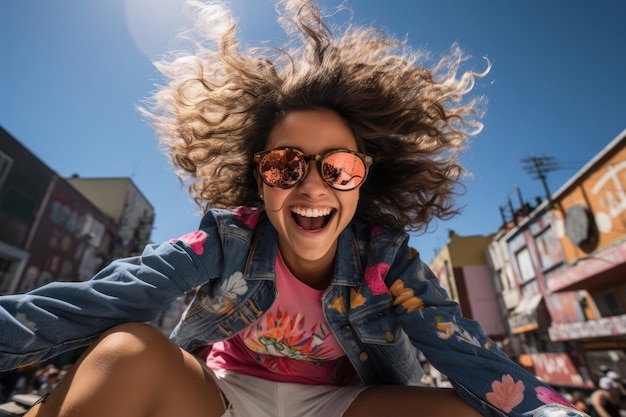 una mujer con gafas de sol y sonriendo