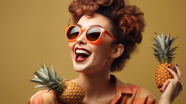 Una mujer con gafas de sol sostiene una piña en sus manos.