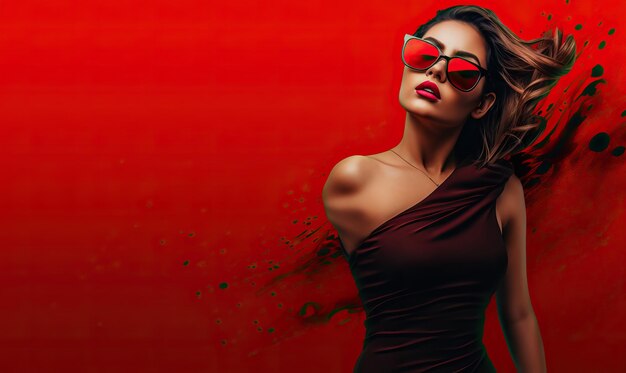 Foto una mujer está con gafas de sol y su cabello en un vestido rojo en el estilo de fondos minimalistas