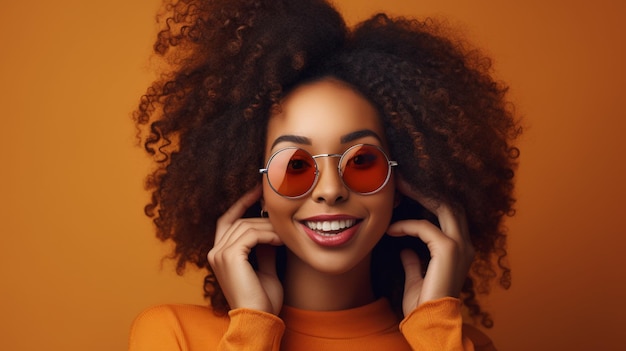 Una mujer con gafas de sol y un suéter naranja brillante sonríe y sonríe.