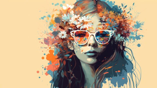 Una mujer de gafas de sol con tocado floral ilustración de temporada de color de primavera