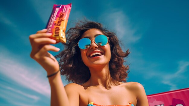 una mujer con gafas de sol y un top de bikini rosa y amarillo sosteniendo una barra de chocolate.