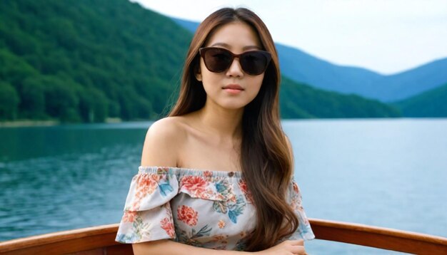 una mujer con gafas de sol y un vestido floral está sentada en un barco