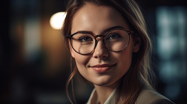 Una mujer con gafas sonríe a la cámara.