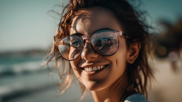 Una mujer con gafas sonríe a la cámara.