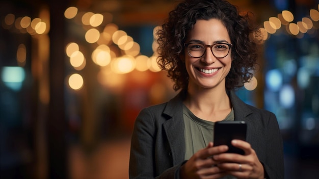 Foto mujer con gafas sonríe y sostiene un teléfono inteligente