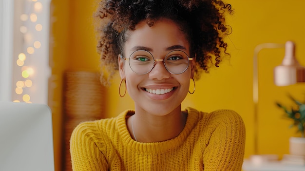 Una mujer con gafas y sonriendo a la cámara con un fondo amarillo y una planta en maceta en el