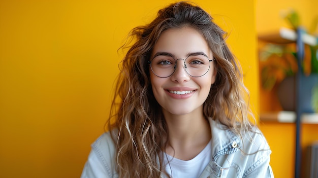 Una mujer con gafas sonriendo para la cámara frente a una pared amarilla con una planta en el