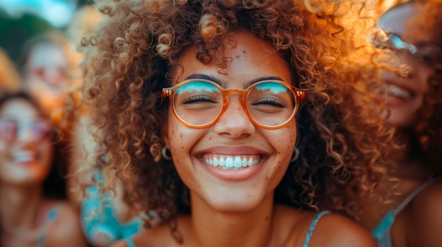 Mujer con gafas sonriendo a la cámara IA generativa