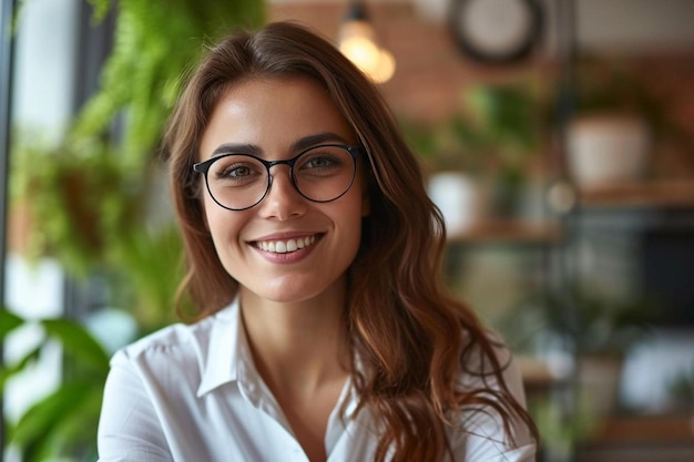 una mujer con gafas sonriendo a la cámara