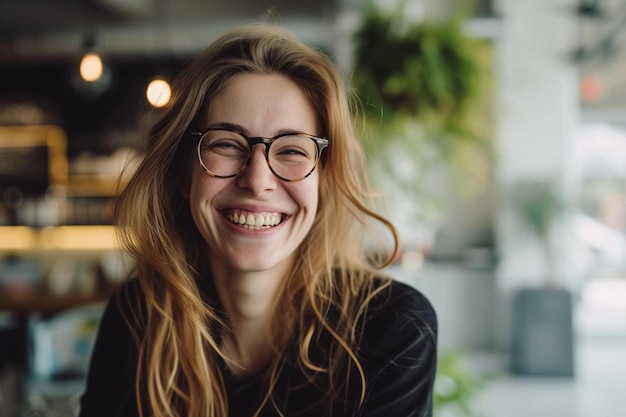 una mujer con gafas sonriendo a la cámara