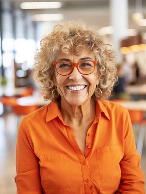 Foto una mujer con gafas y sonriendo con marcos naranjas