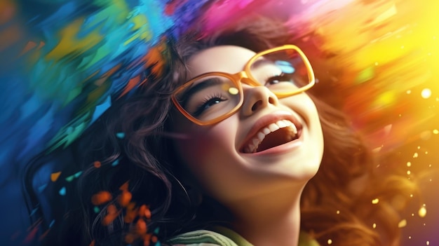 Foto una mujer con gafas está sonriendo y mirando hacia el cielo la imagen tiene una sensación colorida y vibrante con una sensación de alegría y felicidad