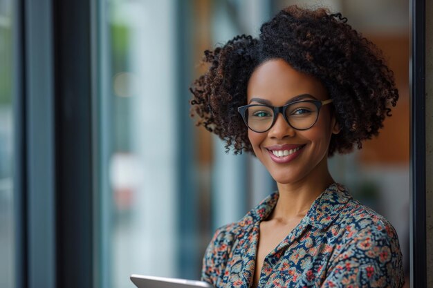 Mujer con gafas sosteniendo una tableta