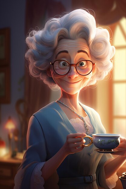 una mujer con gafas sosteniendo una taza de té