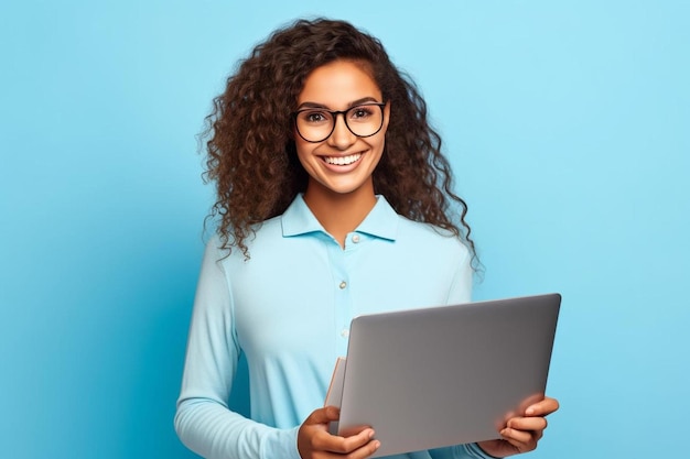 Foto una mujer con gafas sostiene una computadora portátil y sonríe