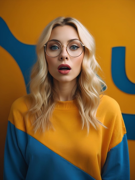 una mujer con gafas y un suéter con una camisa azul y amarilla que dice w