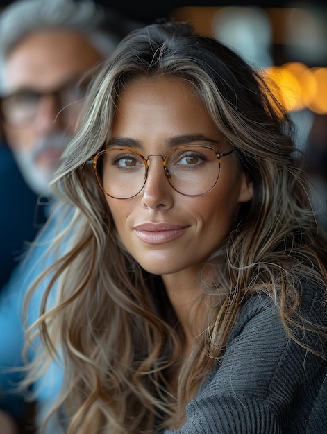 Mujer con gafas y suéter gris