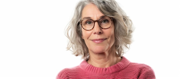 Foto una mujer con gafas y un suéter rosa