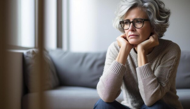 una mujer con gafas y un suéter se sienta en un sofá