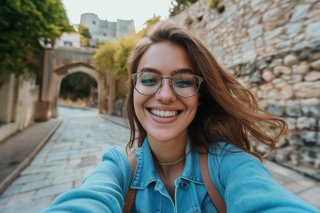 Foto una mujer con gafas está tomando un autorretrato con una cámara