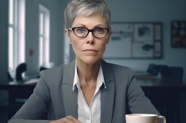 una mujer con gafas y un traje gris está sentada en una mesa con una taza delante de ella.