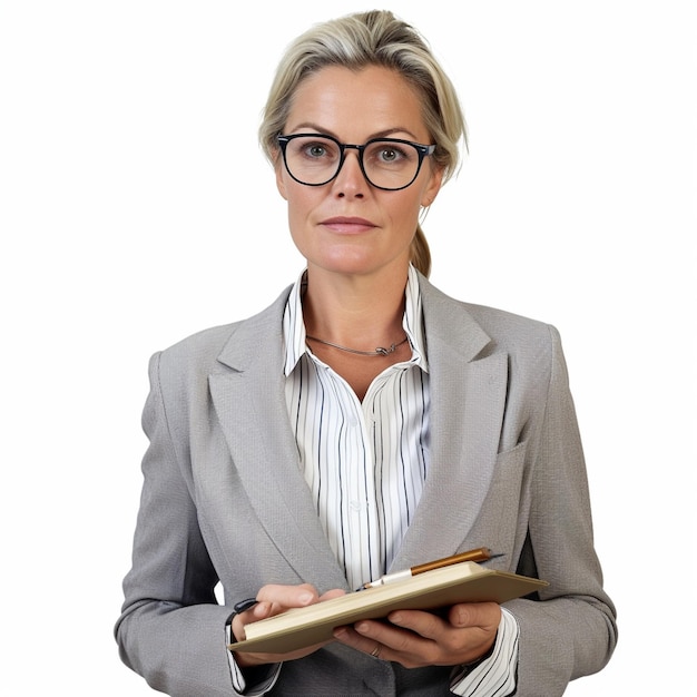 Una mujer con gafas y traje con un libro en las manos.