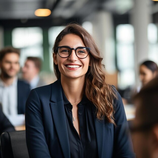 una mujer con gafas y un traje con una sonrisa en su cara