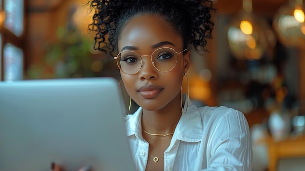 Mujer con gafas usando una computadora portátil