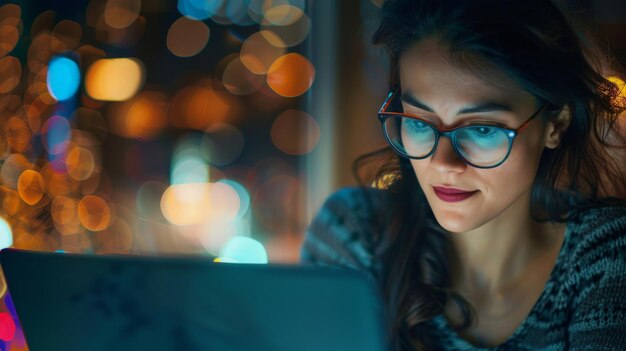 Mujer con gafas usando una computadora portátil