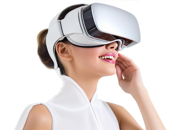 Mujer con gafas VR aislado en blanco