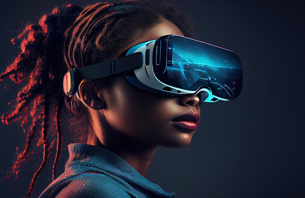 mujer con gafas VR que viaja dentro de un fantástico mundo virtual de computadoras hecho con IA generativa
