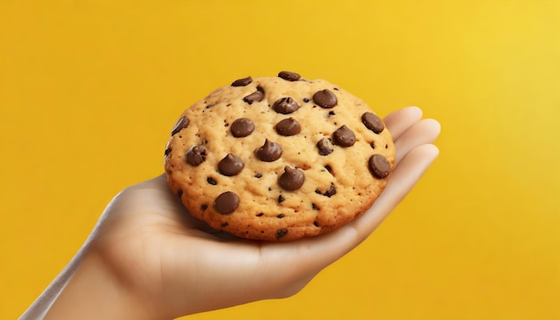 Mujer con una galleta en la mano con chips de chocolate en fondo amarillo con espacio para copiar