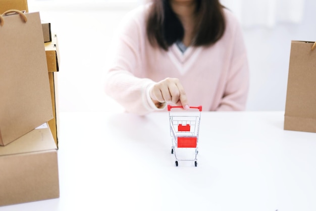 Mujer gastando dinero con un pequeño carrito de compras con banca por Internet en una computadora portátil para compras de comercio electrónico en línea por Internet trabajando desde casa