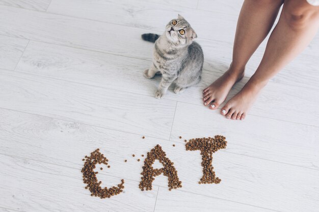 Mujer y gatito en palabra de gato