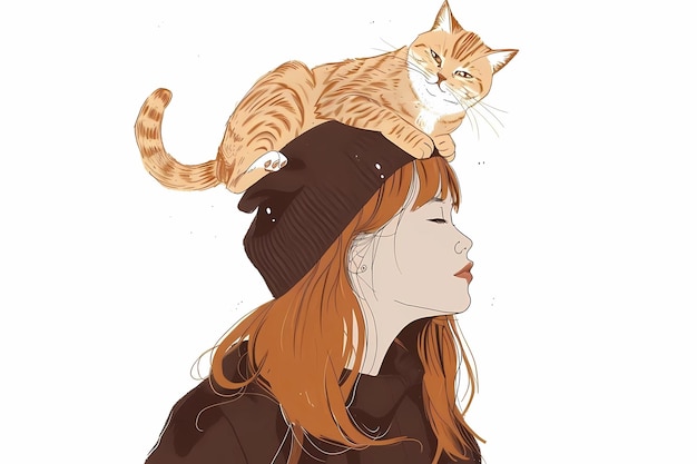 una mujer con un gato en la cabeza está sentada en la cabeza de una mujer chica con un perro en la cabeza ilustración