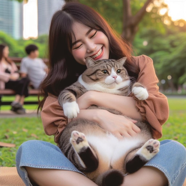 Foto mujer y gato gordo y lindo