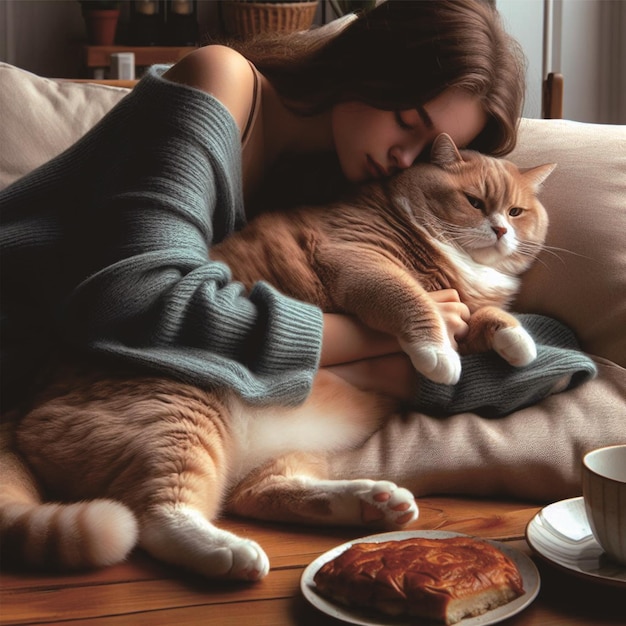 Mujer y gato gordo y lindo