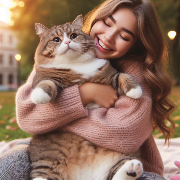 Mujer y gato gordo y lindo