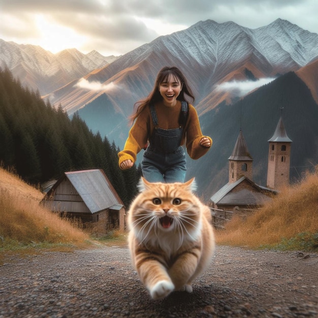 Foto mujer y gato gordo y lindo